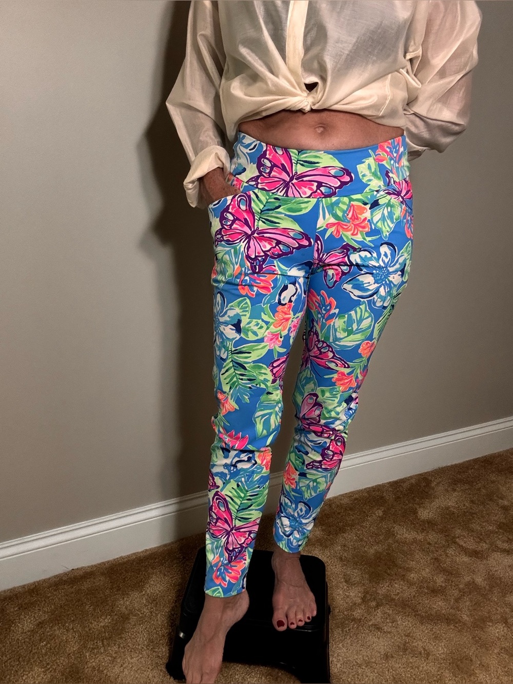 Vibrant Blue Floral & Butterfly Print Slim Pants